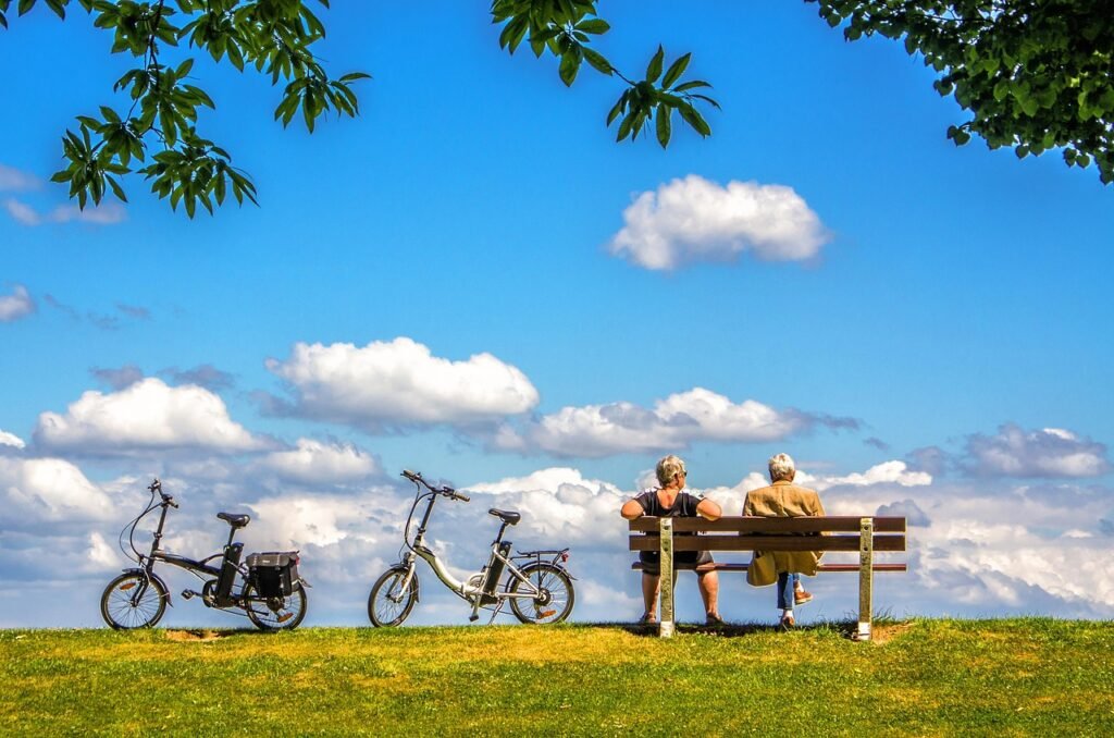 man, woman, bicycle, bike, air, sky, bench, nature, peace, people, couple